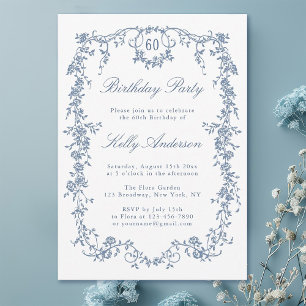 Classic French Blue Floral 60th Birthday Party Invitation