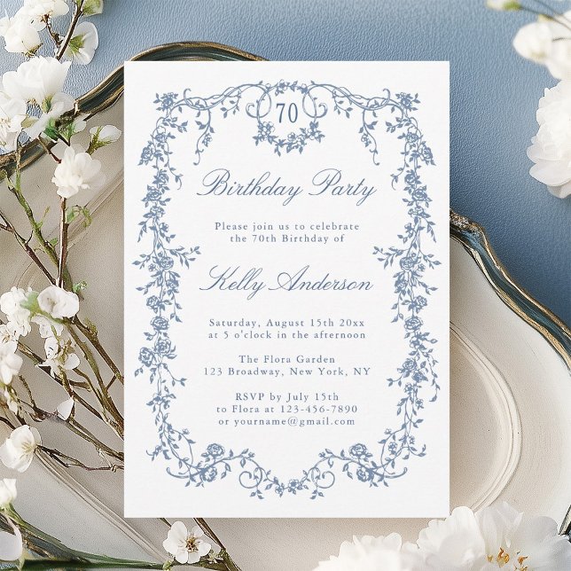 Classic French Blue Floral 70th Birthday Party Invitation (Creator Uploaded)