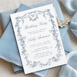 Classic French Blue Floral 90th Birthday Party Invitation<br><div class="desc">Elegant French Victorian blue floral birthday party invitation for any age. For more advanced customization of this design,  please click the DESIGN TOOL BUTTON above!</div>