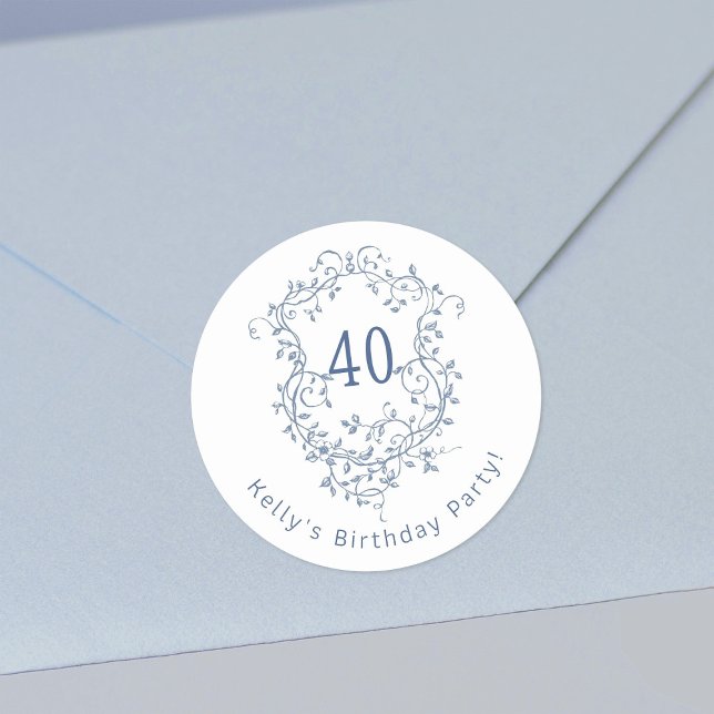 Classic French Blue Floral Crest 40th Birthday  Classic Round Sticker (Creator Uploaded)