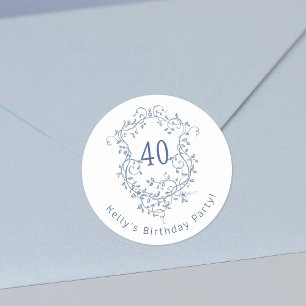 Classic French Blue Floral Crest 40th Birthday Round Sticker