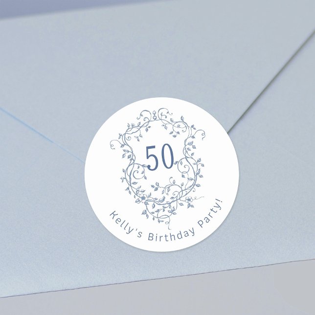 Classic French Blue Floral Crest 50th Birthday  Classic Round Sticker (Creator Uploaded)