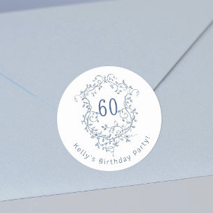 Classic French Blue Floral Crest 60th Birthday  Round Sticker