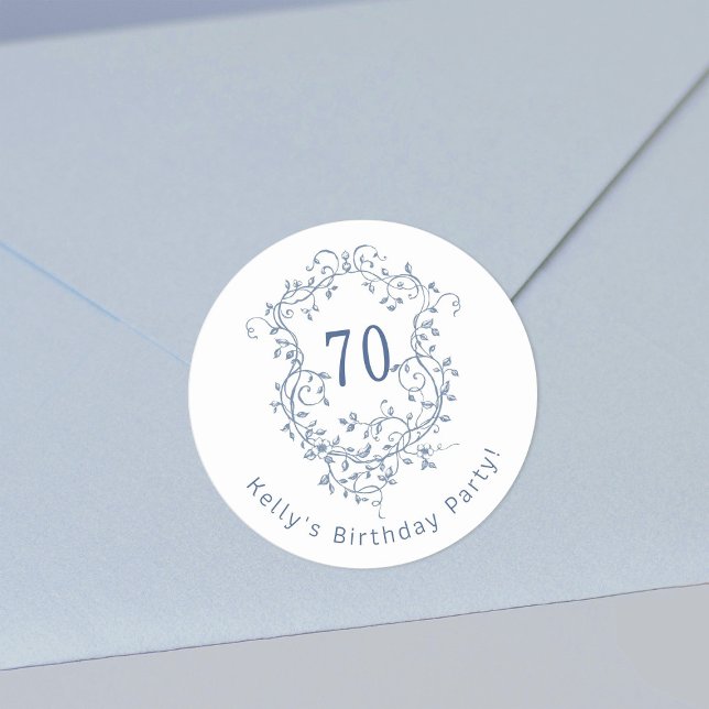 Classic French Blue Floral Crest 70th Birthday  Round Sticker (Creator Uploaded)