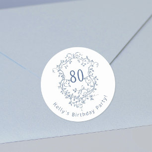 Classic French Blue Floral Crest 80th Birthday  Round Sticker