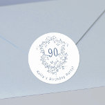 Classic French Blue Floral Crest 90th Birthday  Round Sticker<br><div class="desc">Classic French victorian blue floral crest sticker for any age. For more advanced customization of this design,  please click the DESIGN TOOL BUTTON above!</div>