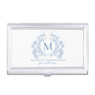 Classic French Blue Floral Crest Monogram Business Card Case