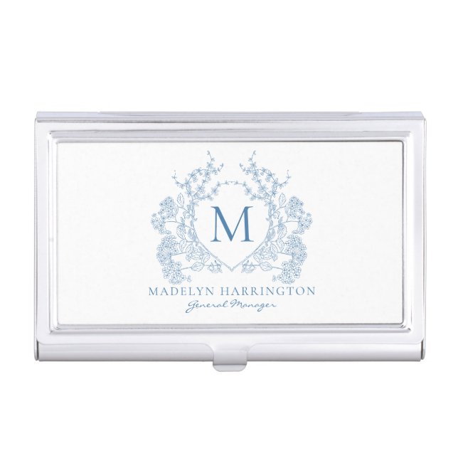 Classic French Blue Floral Crest Monogram Business Card Case (Front)