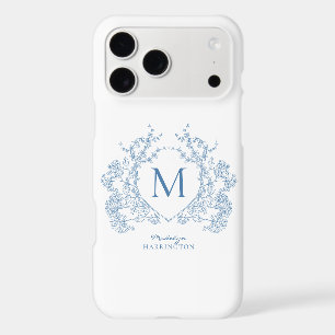 Classic French Blue Floral Crest Monogram iPhone 17 Pro Max Case