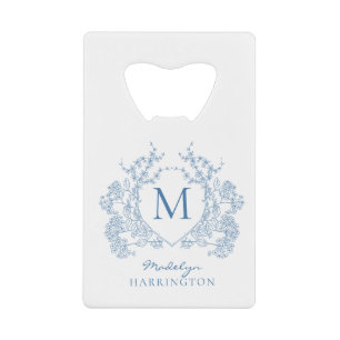 Classic French Blue Floral Crest Monogram Credit Card Bottle Opener