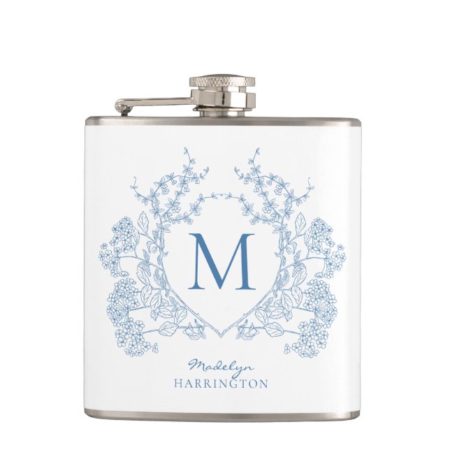 Classic French Blue Floral Crest Monogram Flask (Front)