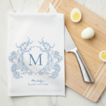 Classic French Blue Floral Crest Monogram Kitchen Towel<br><div class="desc">Classic French Blue Floral Crest Monogram kitchen towel</div>