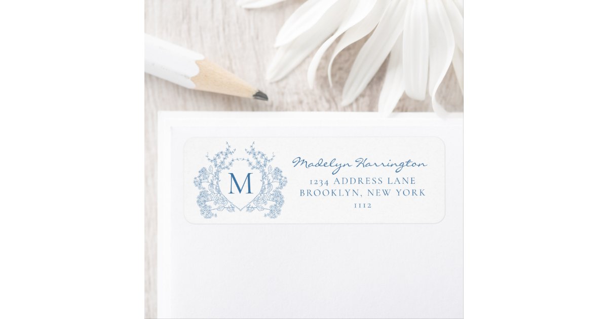 Classic French Blue Floral Crest Monogram Label