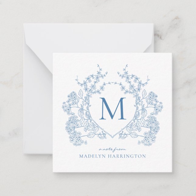 Classic French Blue Floral Crest Monogram Note Card (Front)
