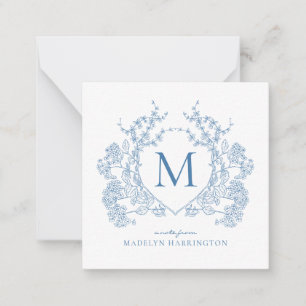 Classic French Blue Floral Crest Monogram Note Card