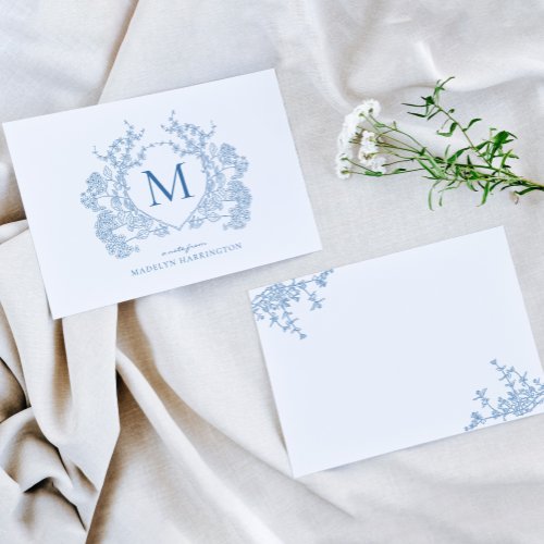 Classic French Blue Floral Crest Monogram Note Card