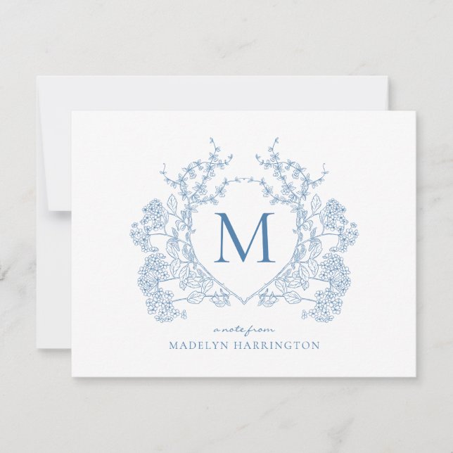 Classic French Blue Floral Crest Monogram Note Card (Front)