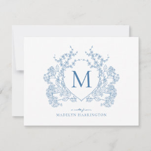 Classic French Blue Floral Crest Monogram Note Card