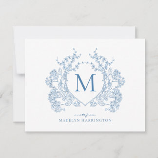 Classic French Blue Floral Crest Monogram Note Card