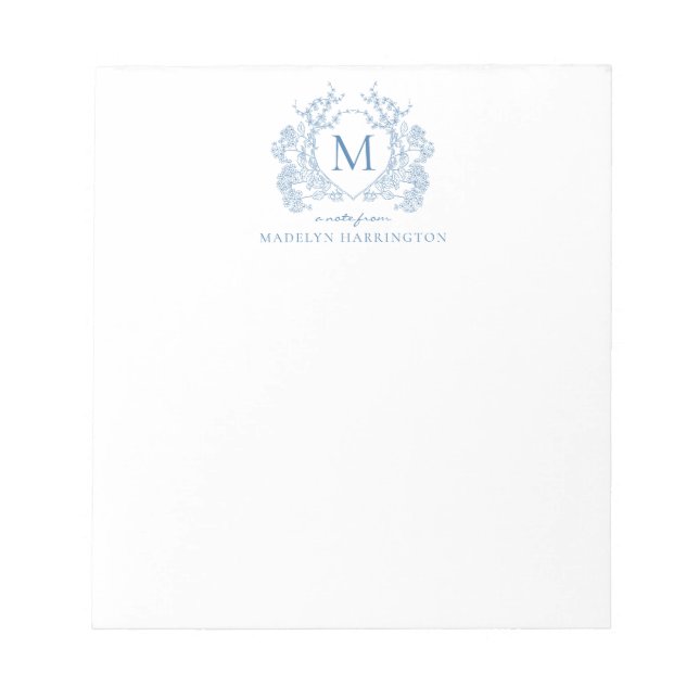 Classic French Blue Floral Crest Monogram Notepad (Front)