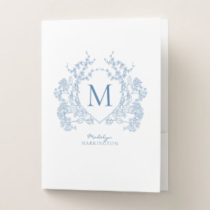 Classic French Blue Floral Crest Monogram Pocket Folder
