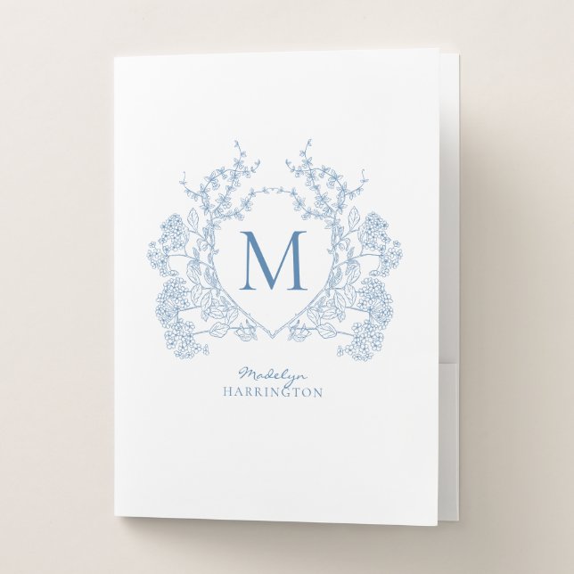 Classic French Blue Floral Crest Monogram Pocket Folder (Front)