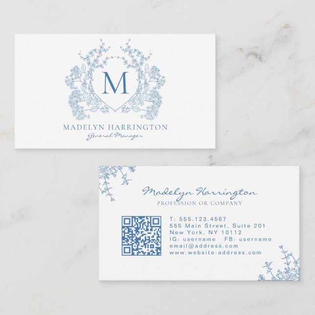 Classic French Blue Floral Crest Monogram QR Code Business Card (Front/Back)