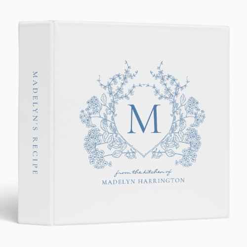 Classic French Blue Floral Crest Monogram Recipe 3 Ring Binder