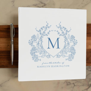 Classic French Blue Floral Crest Monogram Recipe 3 Ring Binder