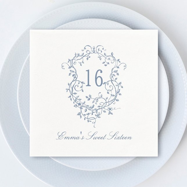 Classic French Blue Floral Crest Sweet 16 Birthday Napkins (Creator Uploaded)