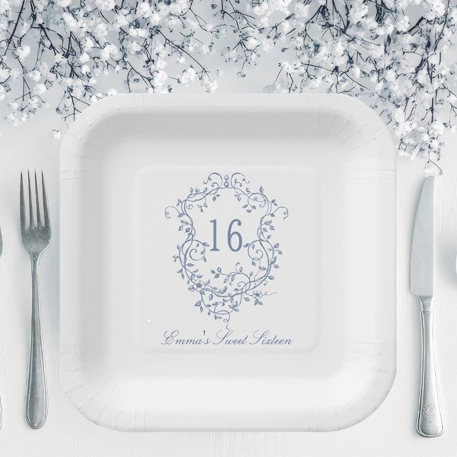 Classic French Blue Floral Crest Sweet 16 Birthday Paper Plates (Creator Uploaded)