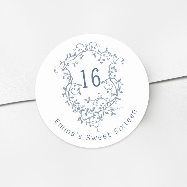 Classic French Blue Floral Crest Sweet 16 Birthday Round Sticker (Creator Uploaded)