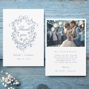 Classic French Blue Floral Crest Wedding Photo Thank You Card