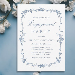 Classic French Blue Floral Engagement Party Invitation