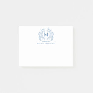 Classic French Blue Floral Vintage Crest Monogram Post-it Notes