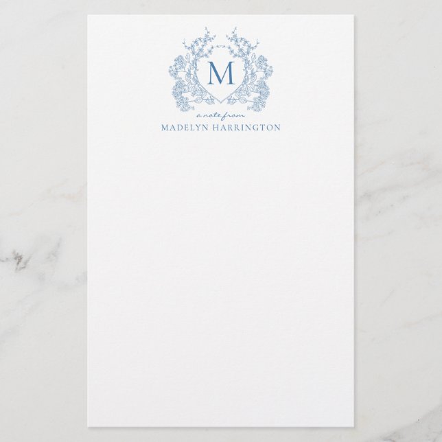 Classic French Blue Floral Vintage Crest Monogram Stationery (Front)