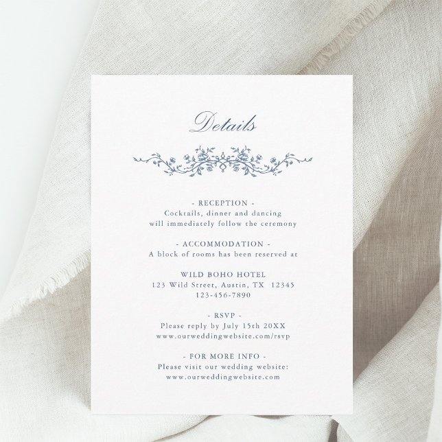 Classic French Blue Floral Wedding Details Enclosure Card (Creator Uploaded)