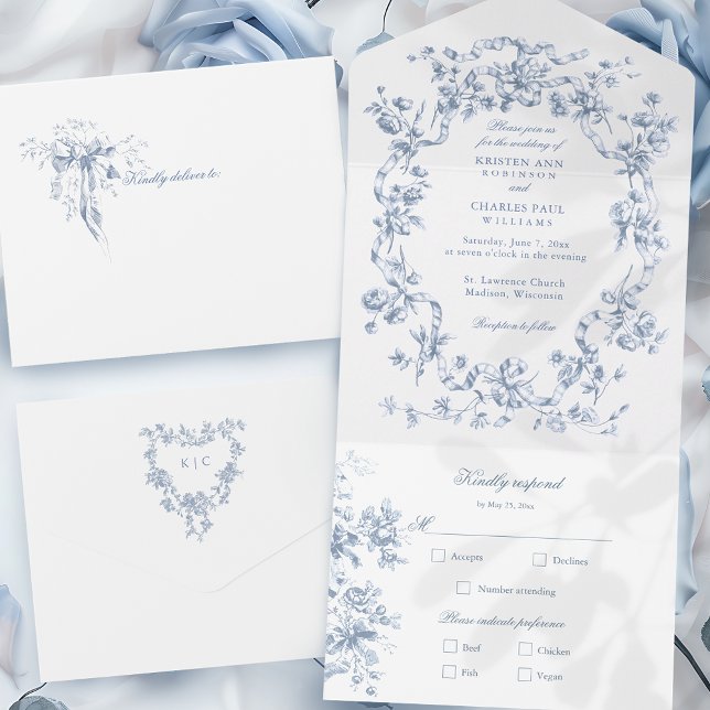 Classic French Blue Flowers & Ribbons Wedding All In One Invitation (Creator Uploaded)