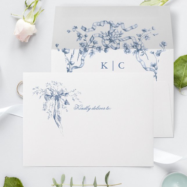 Classic French Blue Flowers & Ribbons Wedding Envelope (Creator Uploaded)