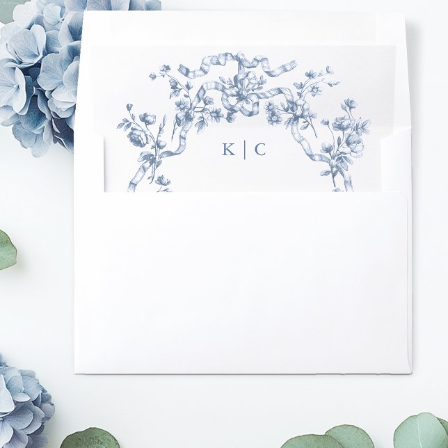 Classic French Blue Flowers & Ribbons Wedding Envelope Liner (Creator Uploaded)