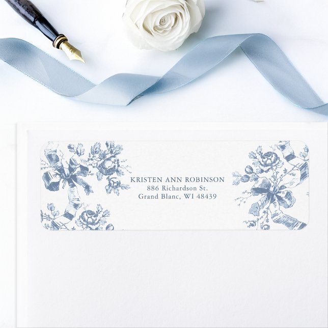 Classic French Blue Flowers & Ribbons Wedding Label (Creator Uploaded)