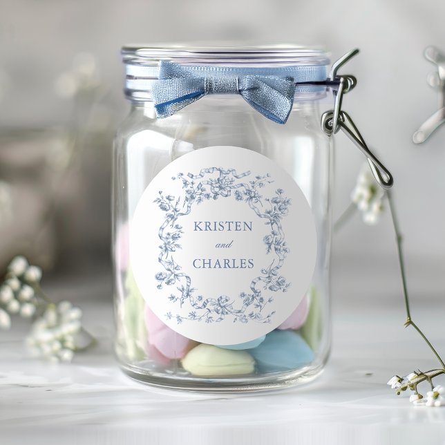 Classic French Blue Flowers & Ribbons Wedding Round Sticker (Creator Uploaded)