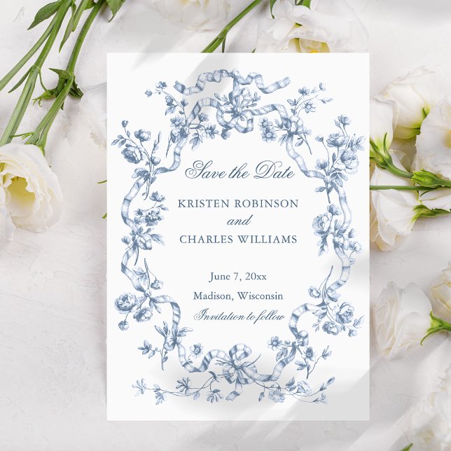 Classic French Blue Flowers & Ribbons Wedding Save The Date (Creator Uploaded)