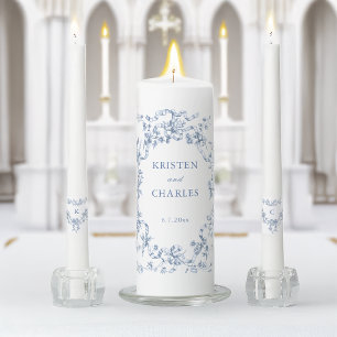 Classic French Blue Flowers & Ribbons Wedding Unity Candle Set