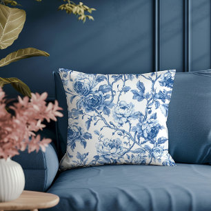 Classic French Blue Roses Toile Home Decor Pillow