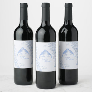 Classic French Blue White Floral Birds Wedding  Wine Label