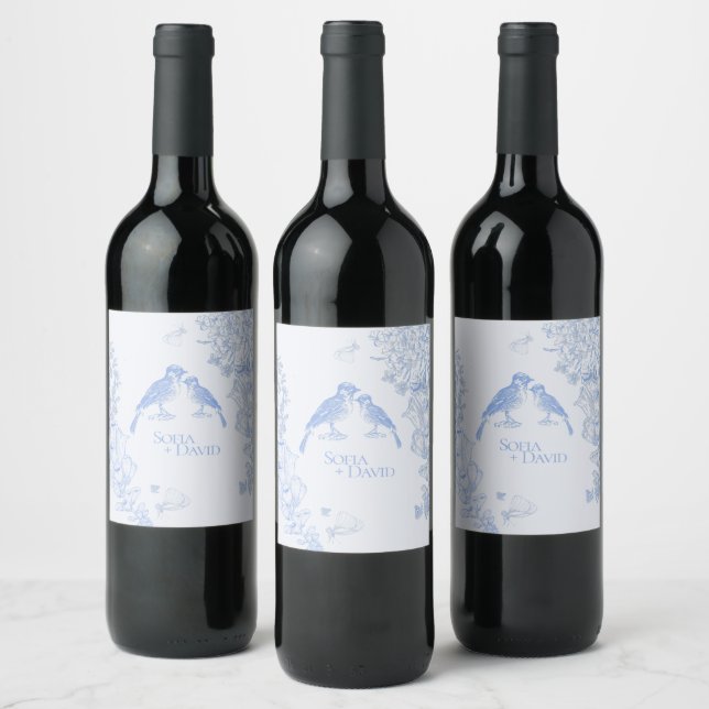 Classic French Blue White Floral Birds Wedding  Wine Label (Bottles)