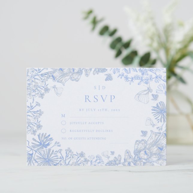 Classic French Blue White Floral Wedding RSVP Card (Standing Front)