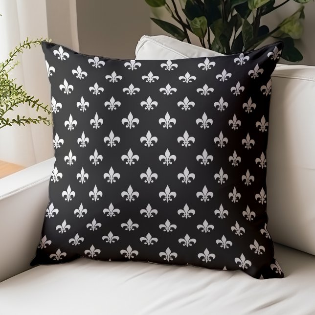 Classic French Fleur de Lis Pattern Black White Throw Pillow (Creator Uploaded)