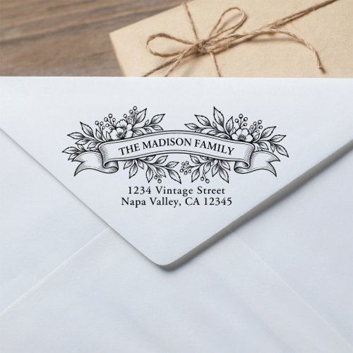 Classic French Floral Ribbon Family Return Address Rubber Stamp